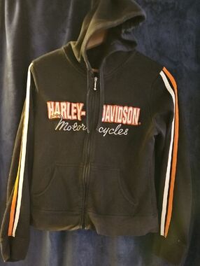 Harley-Davidson Black Hoodie with Orange and White Sleeve Stripes Fits Like A Sm